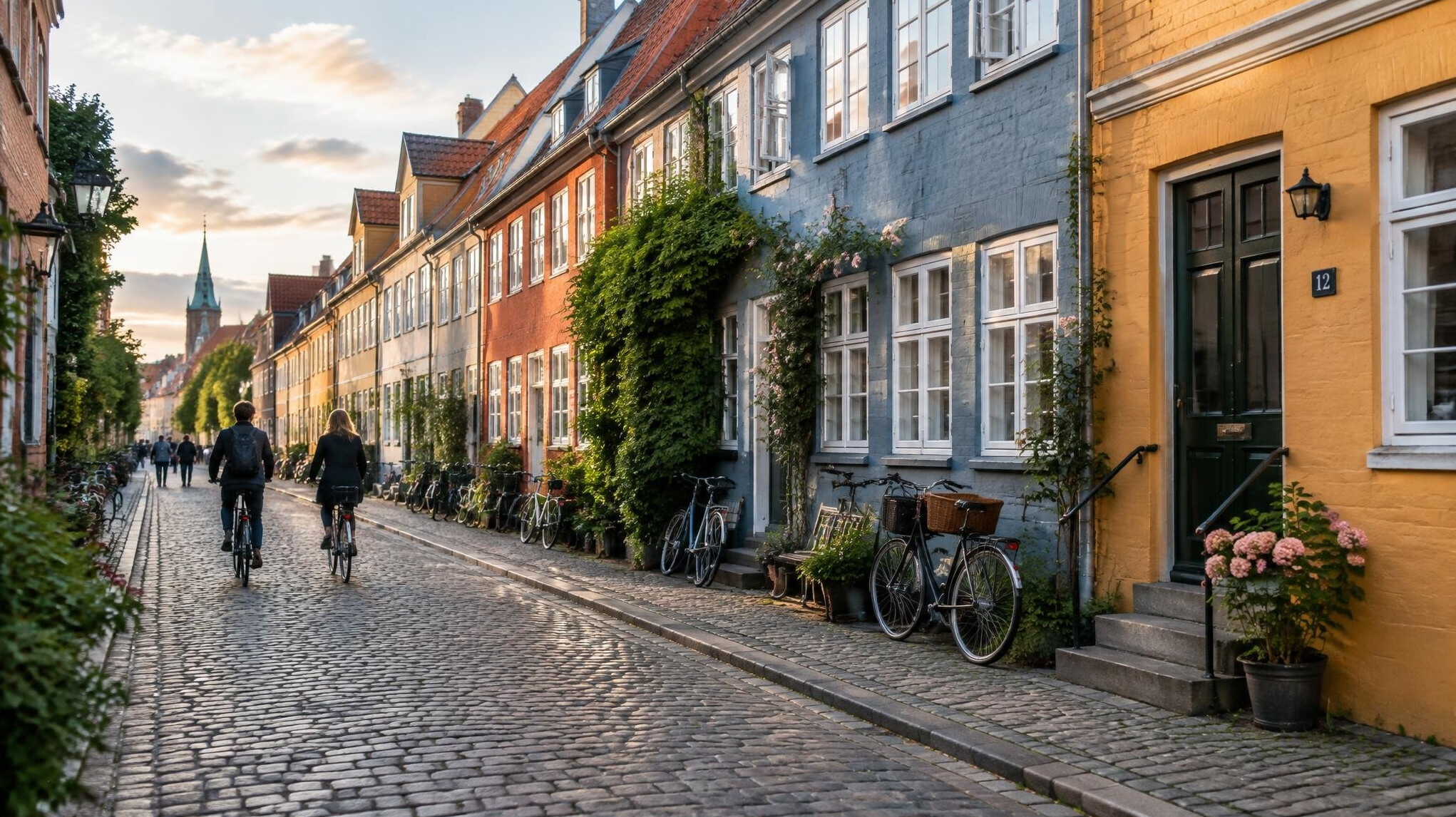 Colorful row houses on a cobblestone street in a Danish neighborhood